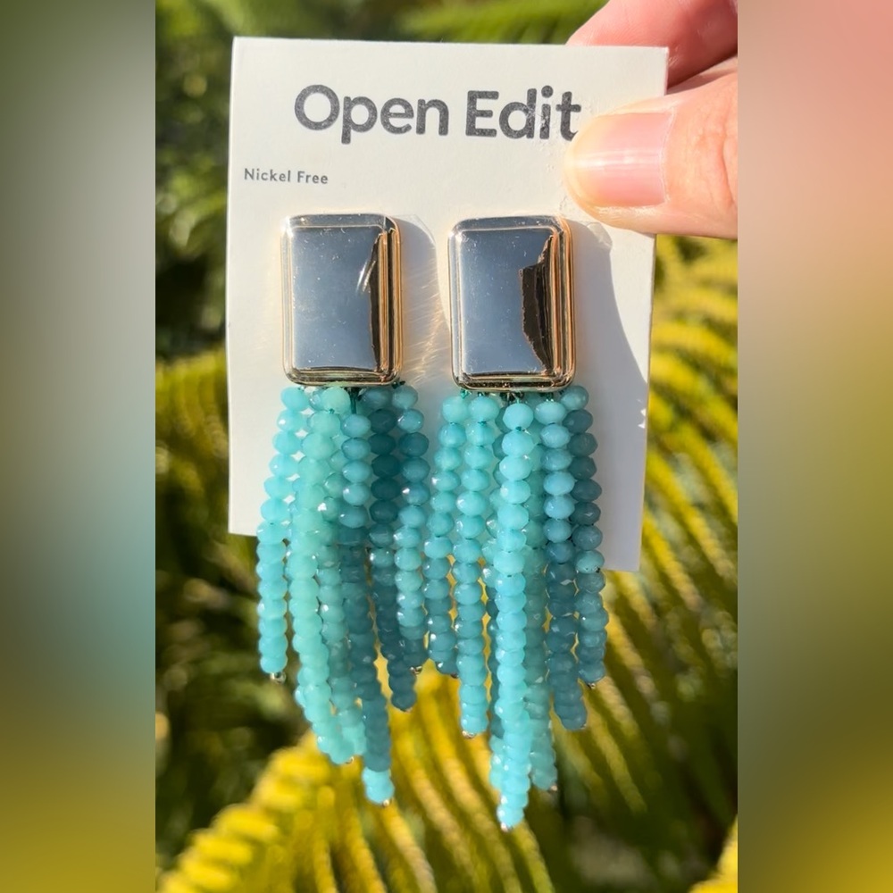 Open Edit Aqua Blue Beaded Fringe Tassel Clip-On Earrings 3.5” Statement Dangles